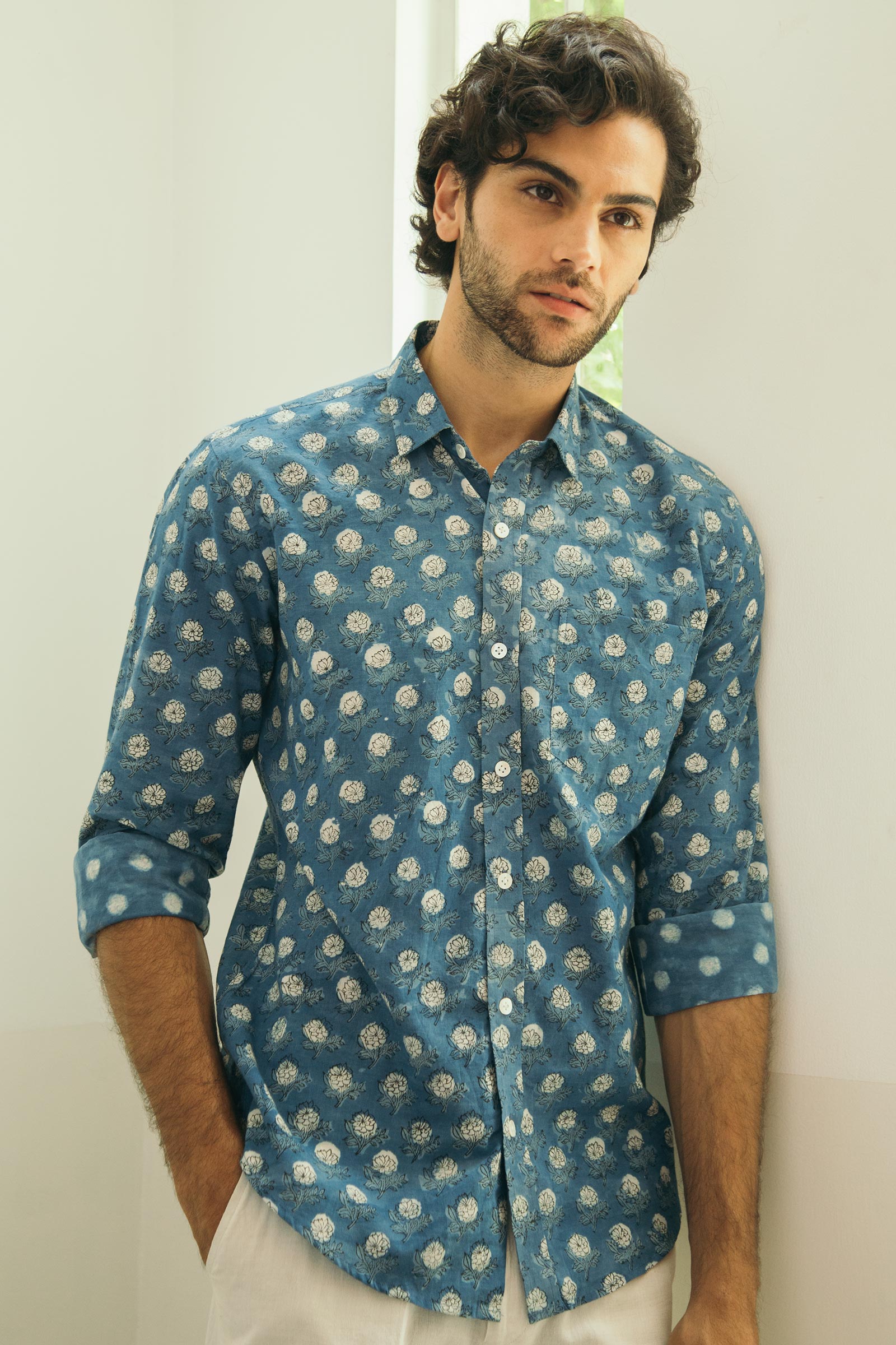 Buy Indigo Block Printed Cotton Shirt for Men | FGMNS21-33 | Farida Gupta