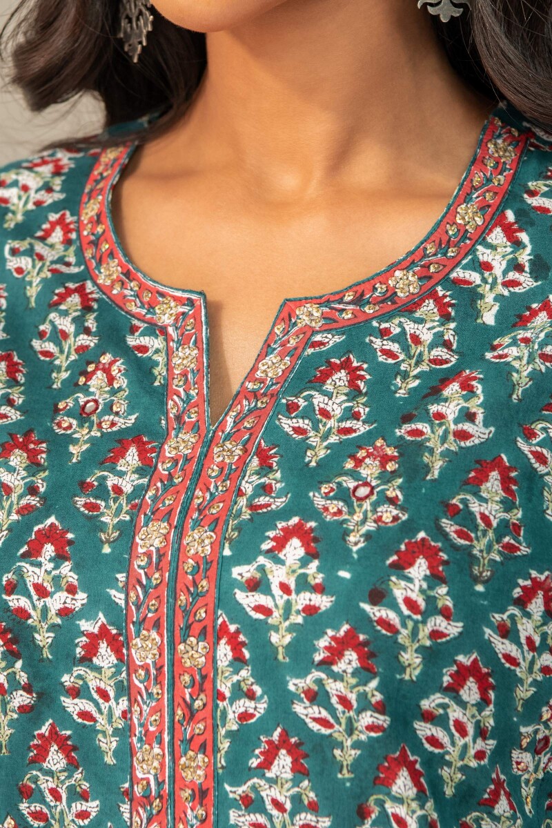 Green Hand Block Printed Straight Cotton Kurta