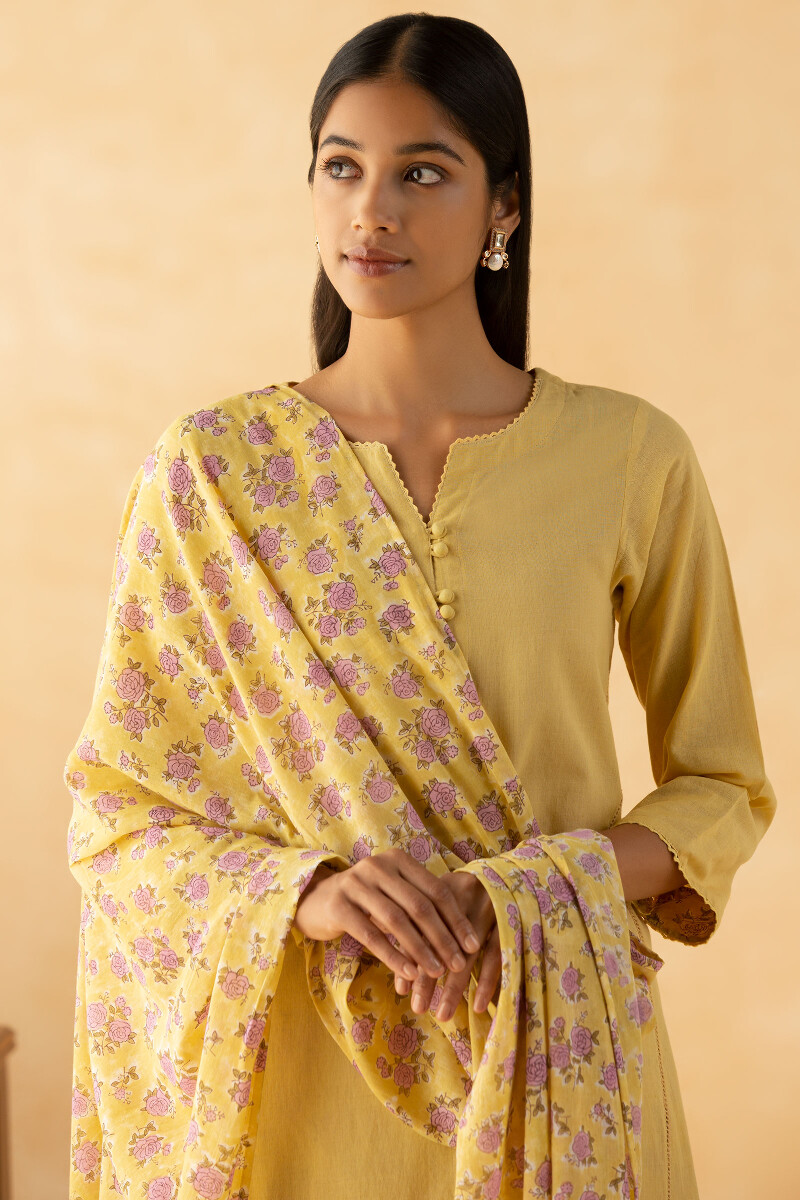 Yellow Block Printed Cotton Dupatta