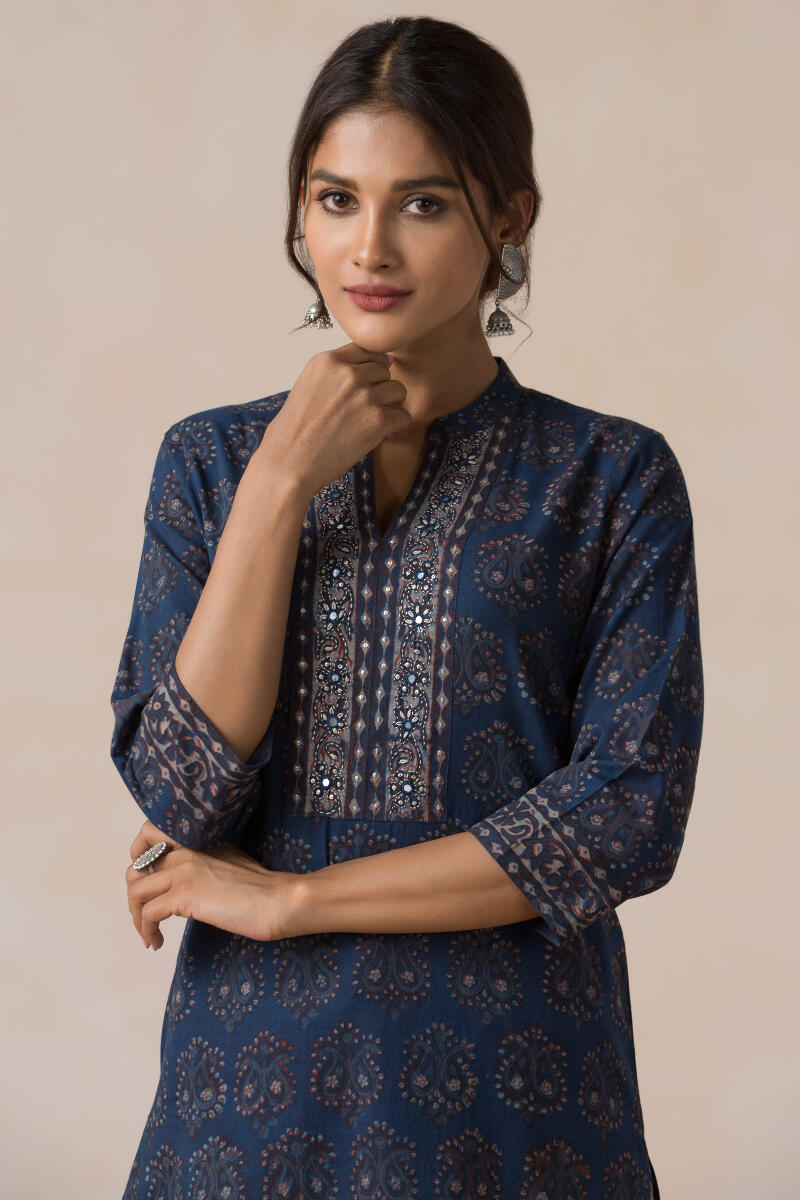 Indigo Block Printed Straight Cotton Kurta