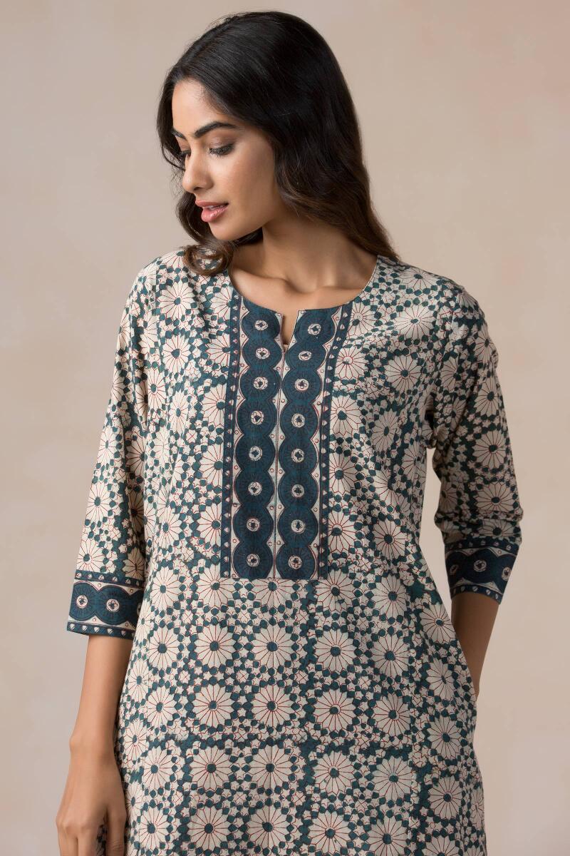 Green Block Printed Cotton Kaftan