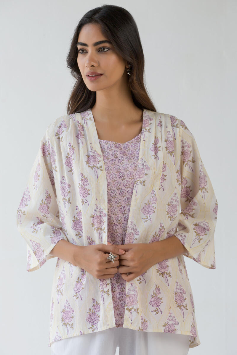 Yellow Block Printed Cotton Kimono