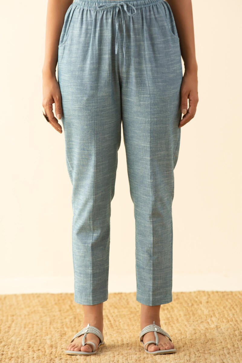 Blue Handcrafted Cotton Narrow Pants