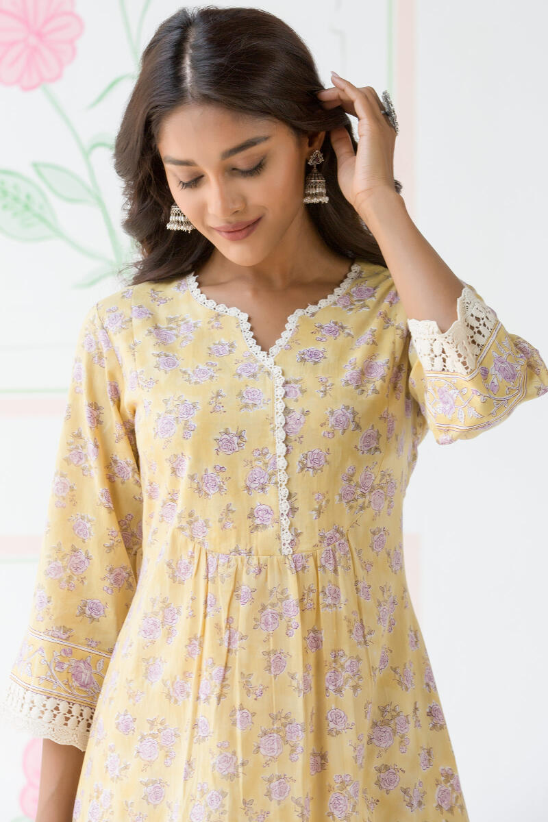 Yellow Block Printed A-Line Cotton Kurta