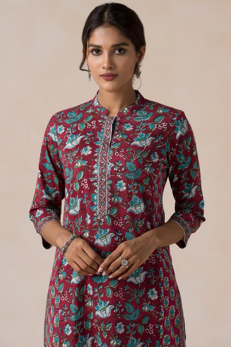 Red Block Printed Straight Cotton Kurta