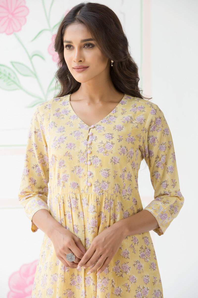 Yellow Block Printed Cotton Dress