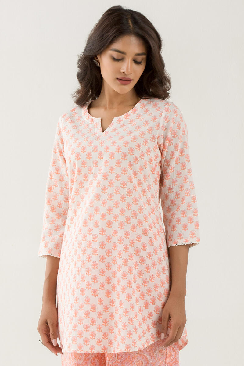 Orange Block Printed Cotton Loungewear Set