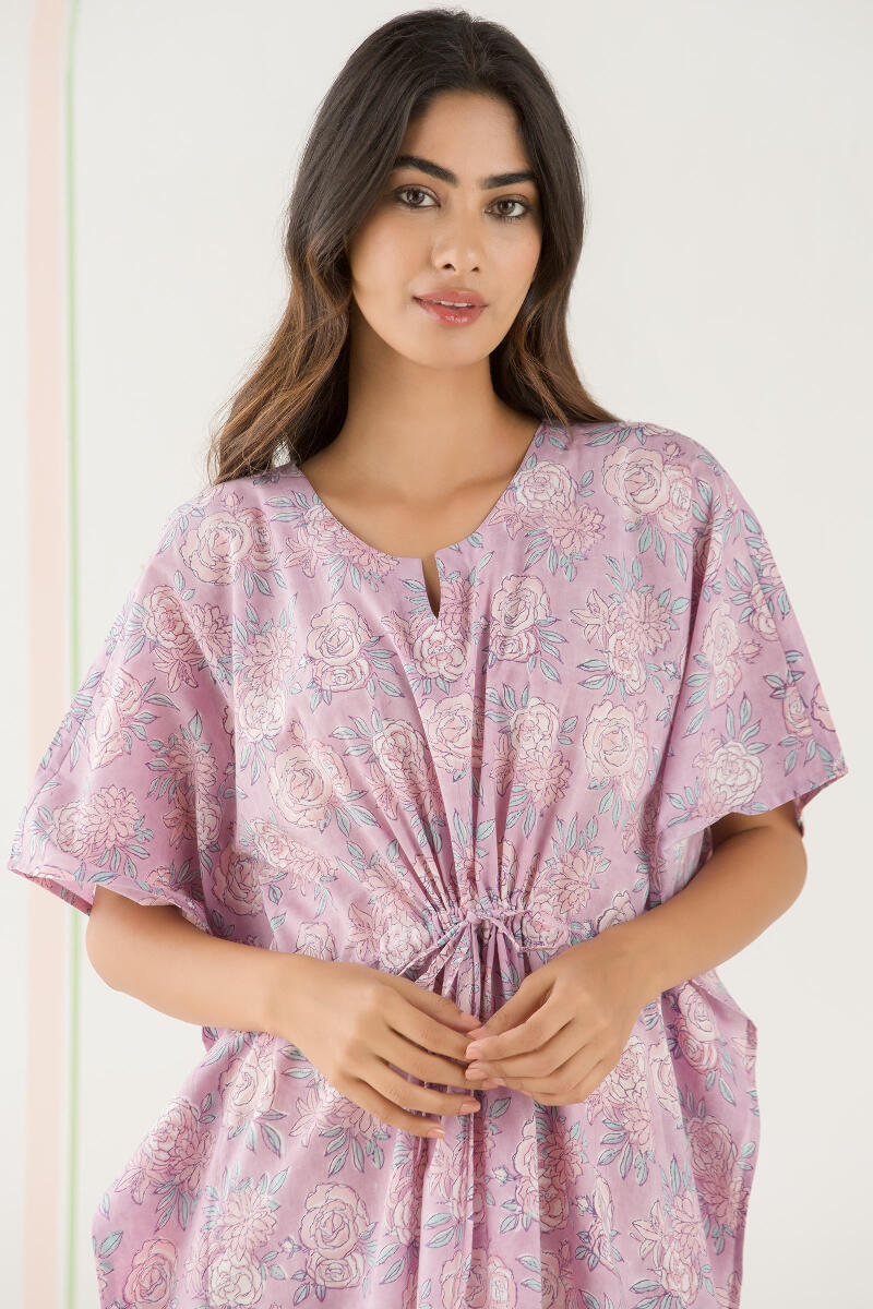 Purple Block Printed Cotton Kaftan