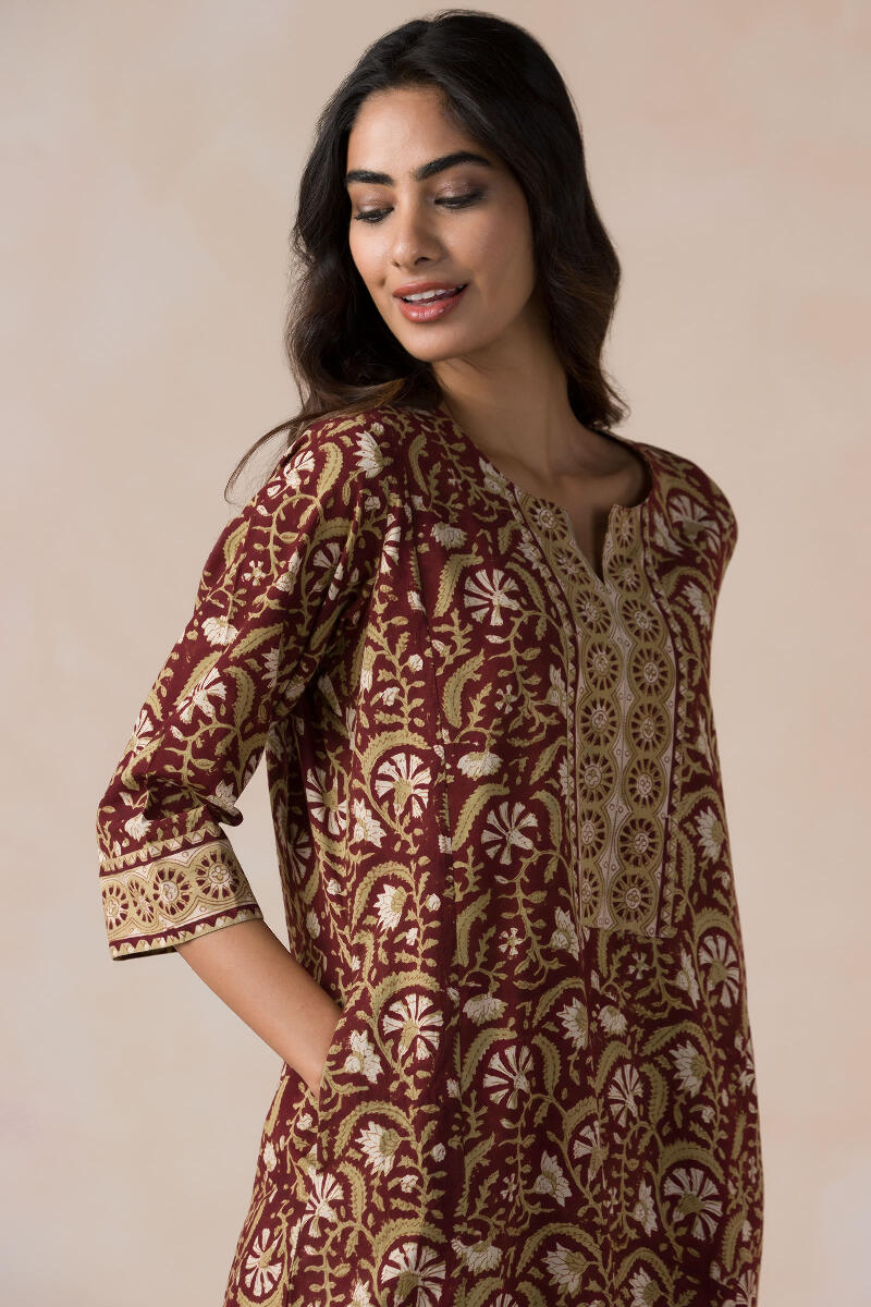 Brown Block Printed Cotton Kaftan