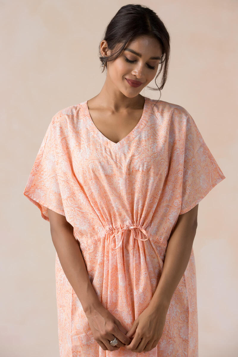 Peach Block Printed Cotton Kaftan