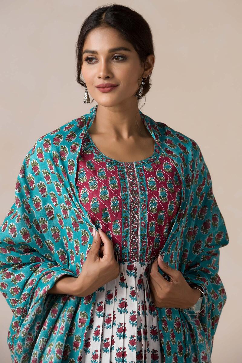 Turquoise Block Printed Cotton Dupatta