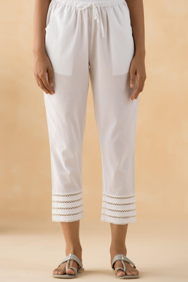 White Handcrafted Cotton Narrow Pants