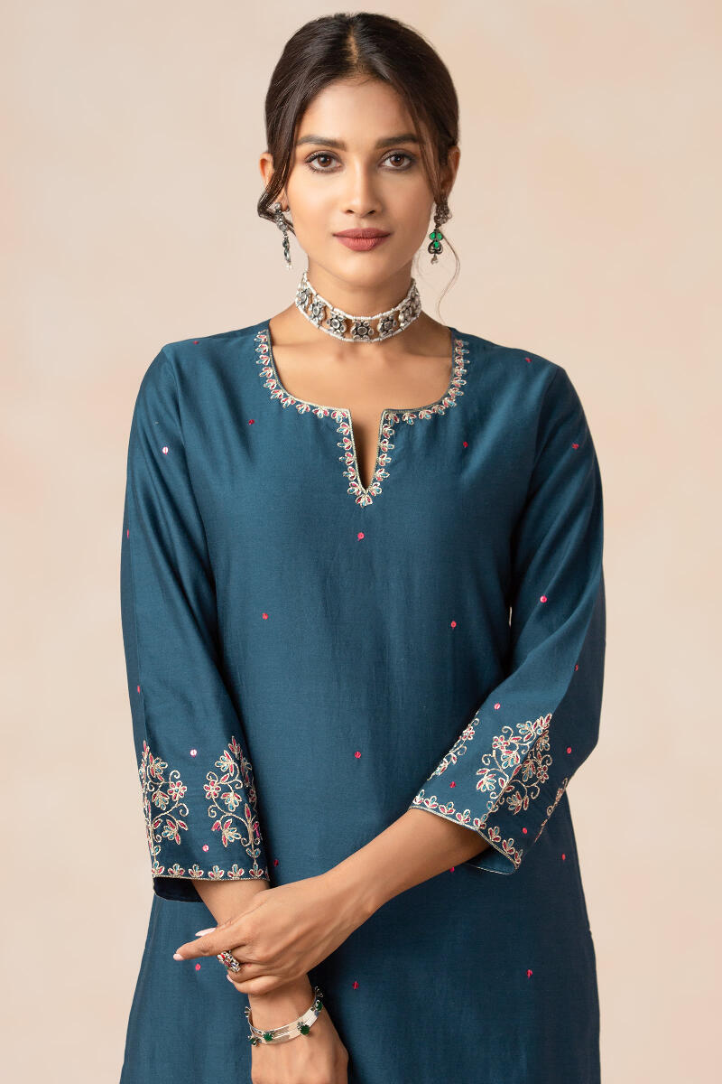 Blue Handcrafted Straight Chanderi Kurta