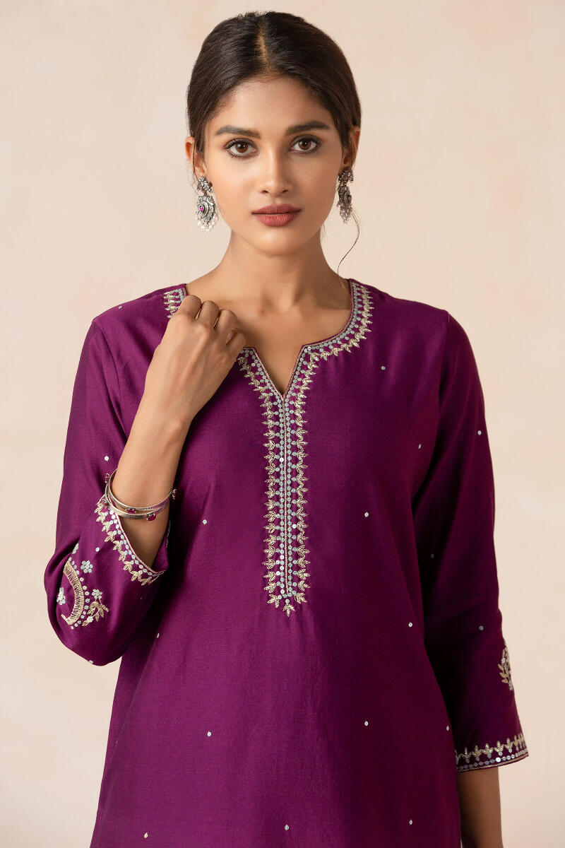 Purple Handcrafted Straight Chanderi Kurta