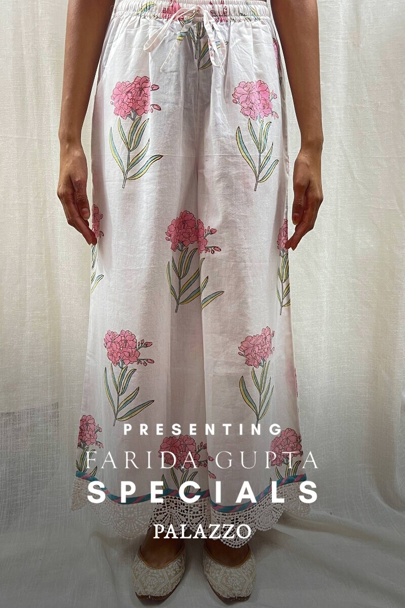 White Hand Block-Printed Cotton Palazzo