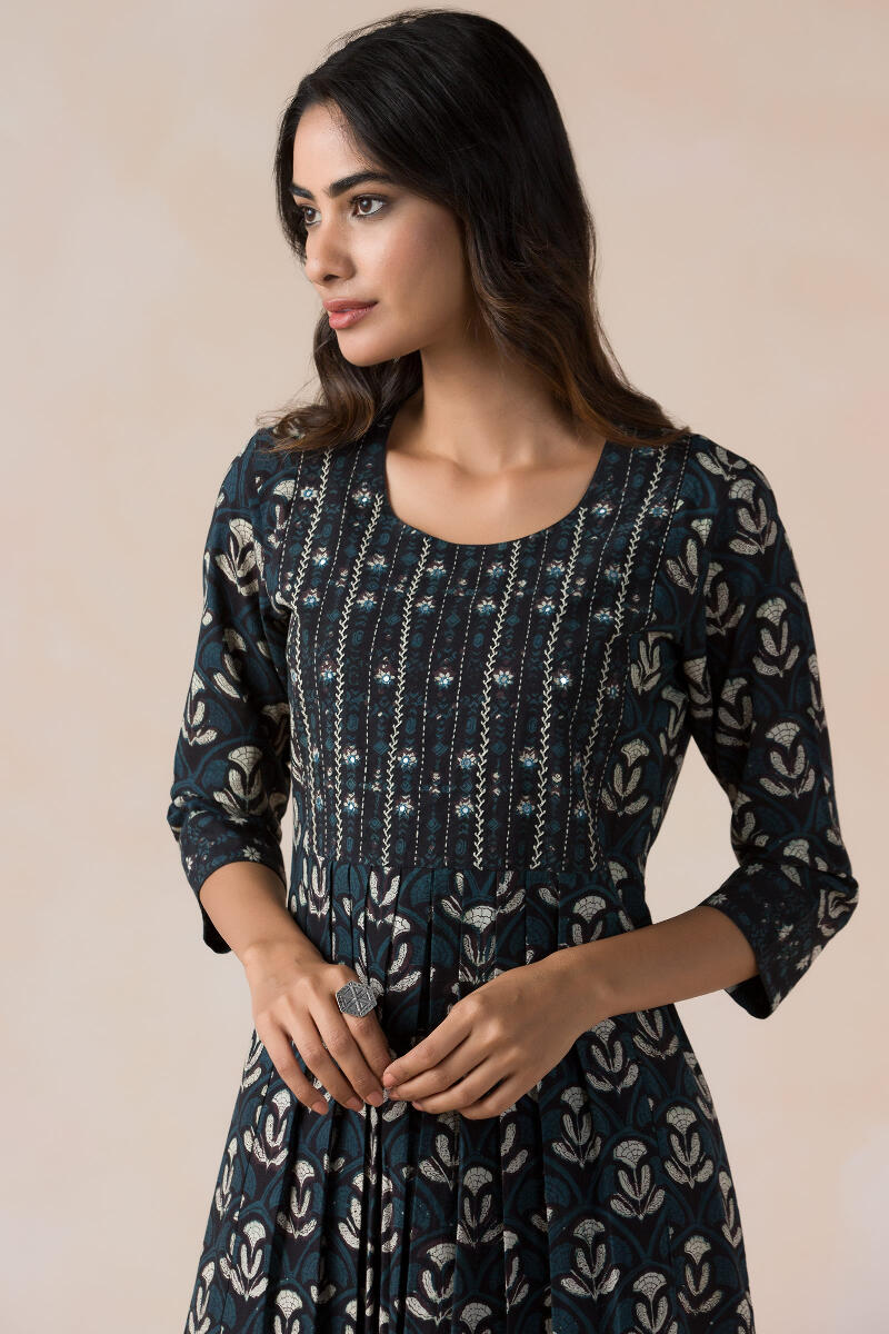 Black Block Printed A-Line Cotton Kurta