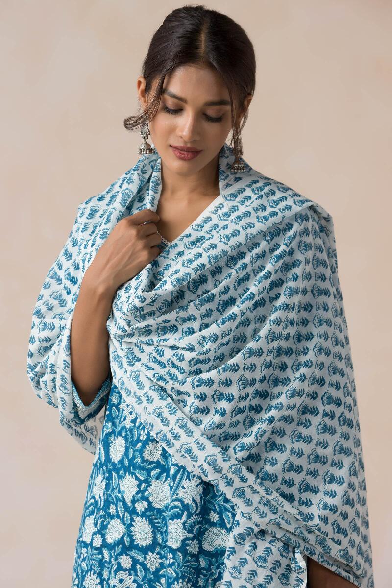 Blue Block Printed Cotton Dupatta