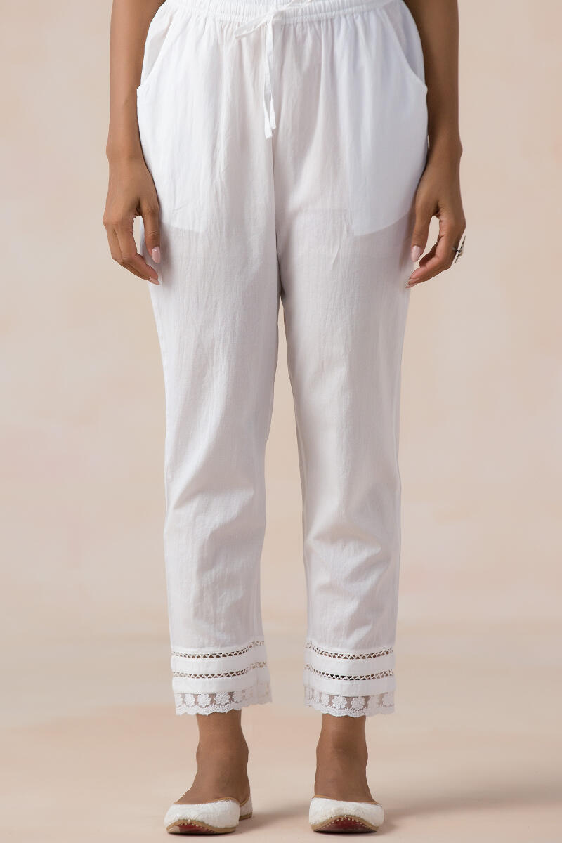 White Handcrafted Cotton Narrow Pants