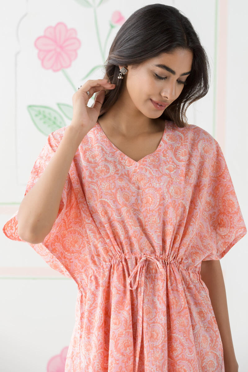 Orange Block Printed Cotton Kaftan