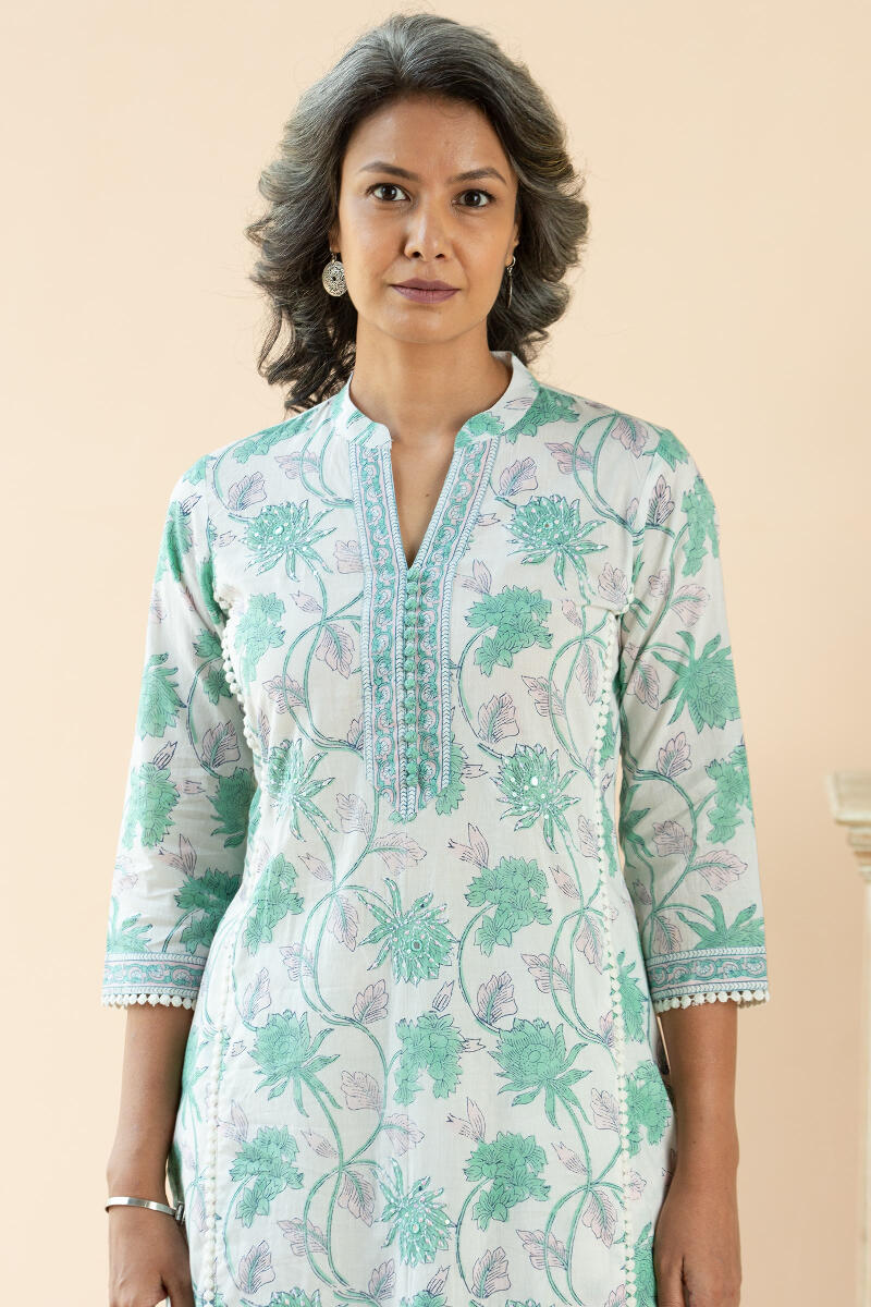 White Block Printed Straight Cotton Kurta