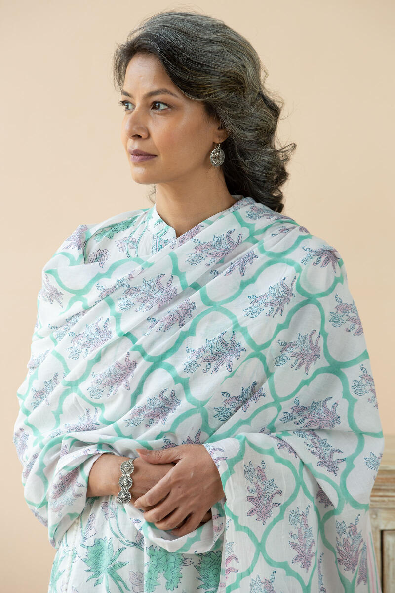 White Block Printed Cotton Dupatta