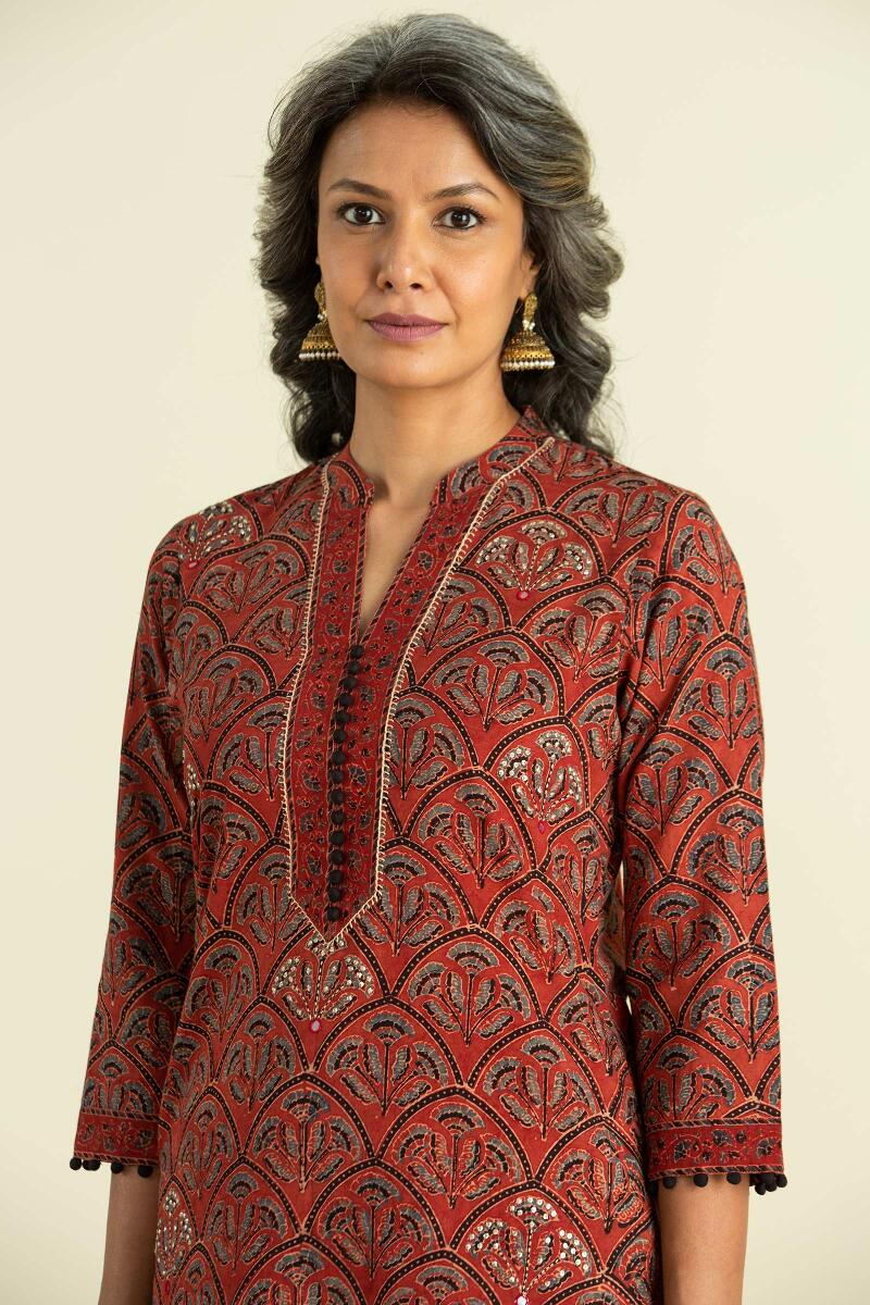 Red Block Printed Straight Cotton Kurta