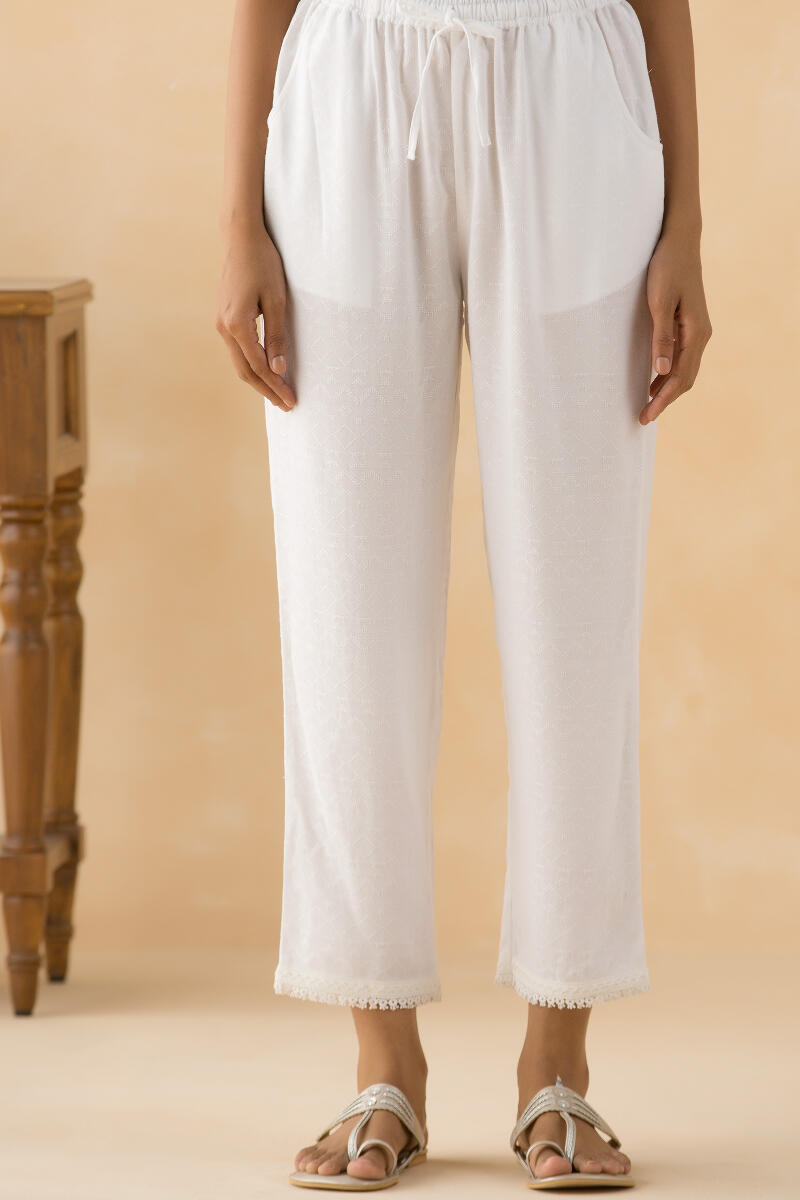 White Handcrafted Viscose Straight Pants