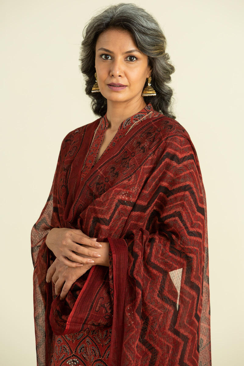 Red Block Printed Kota Dupatta