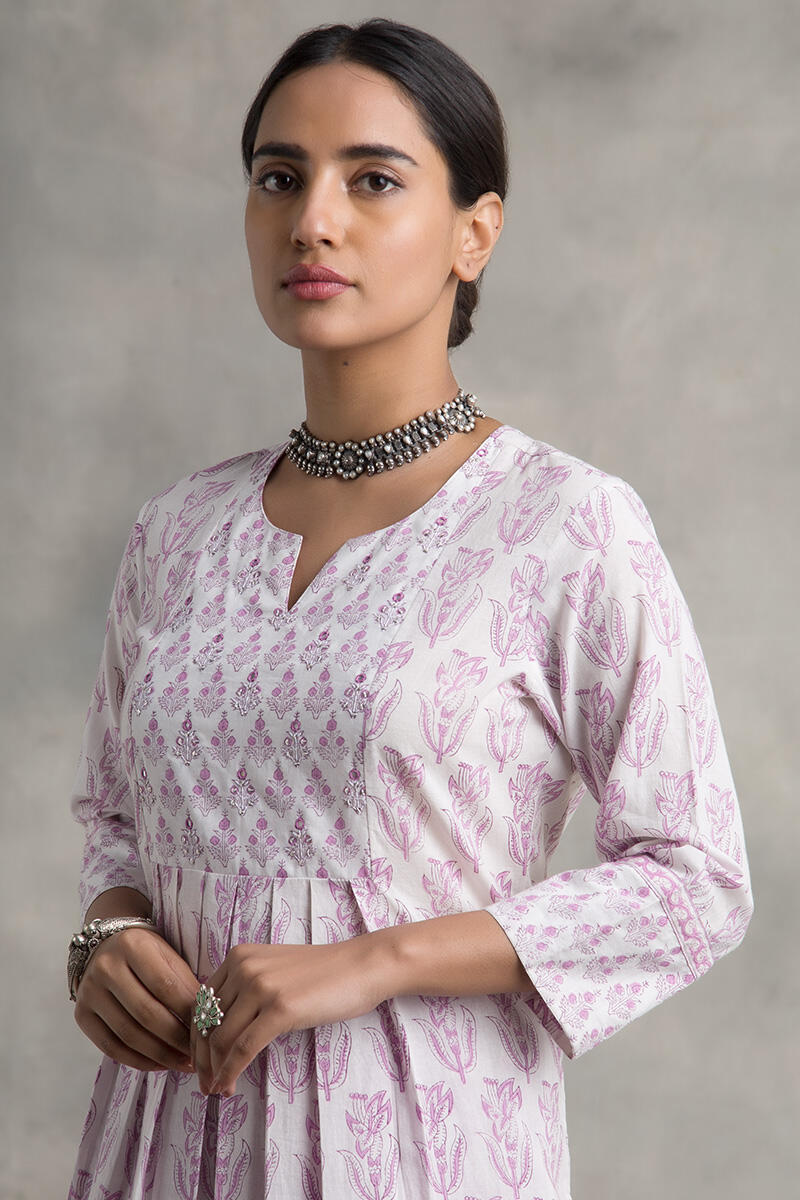 White Block Printed A-Line Cotton Kurta