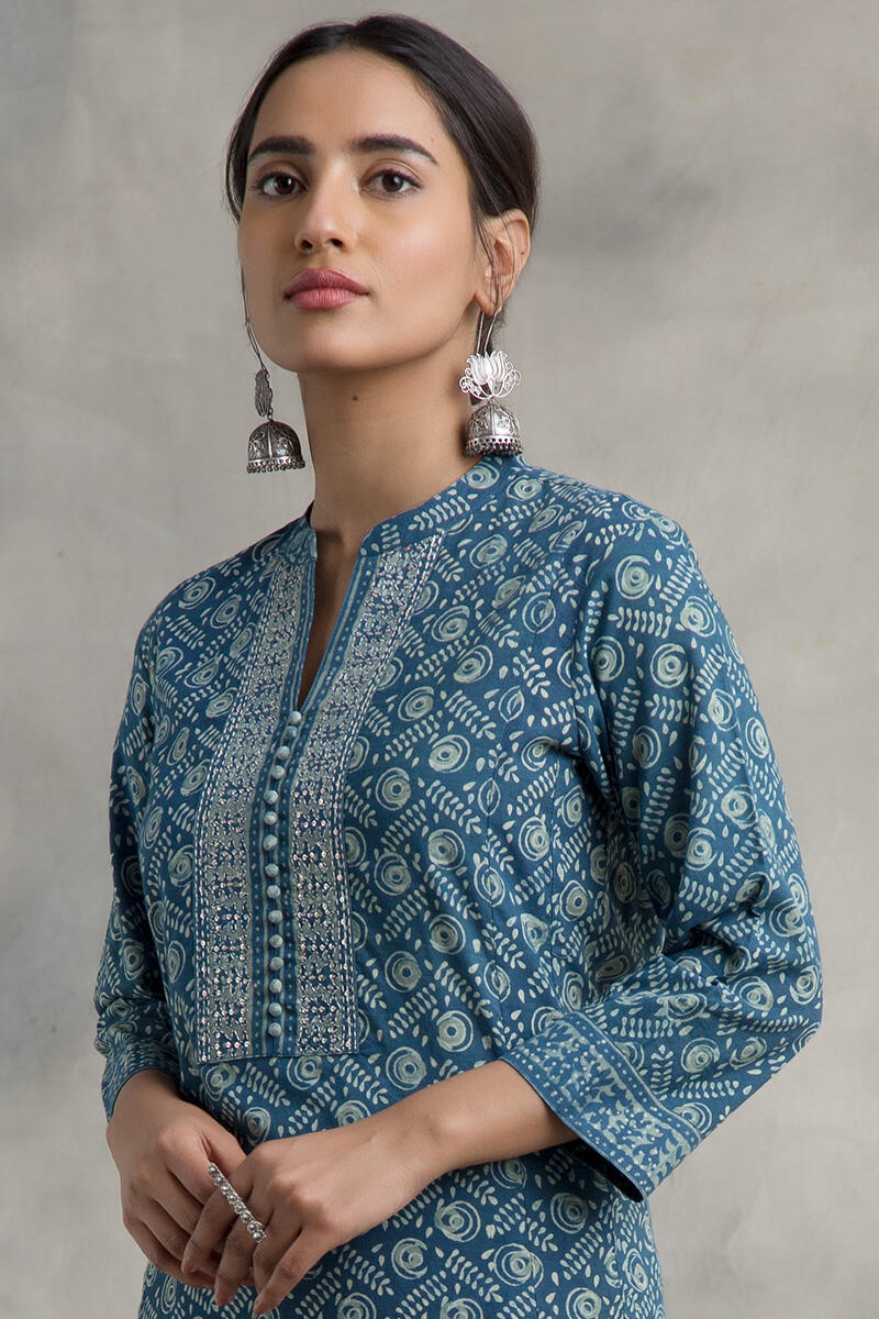 Indigo Block Printed Straight Cotton Kurta