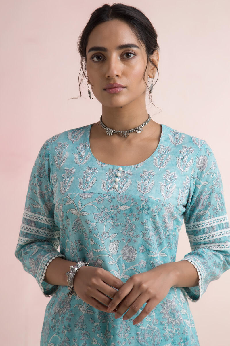 Blue Block Printed Straight Cotton Kurta