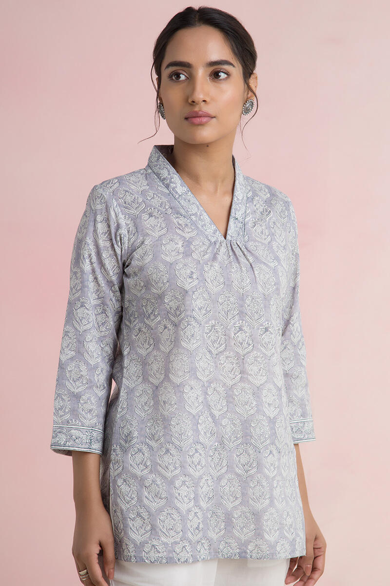 Grey Block Printed Cotton Top