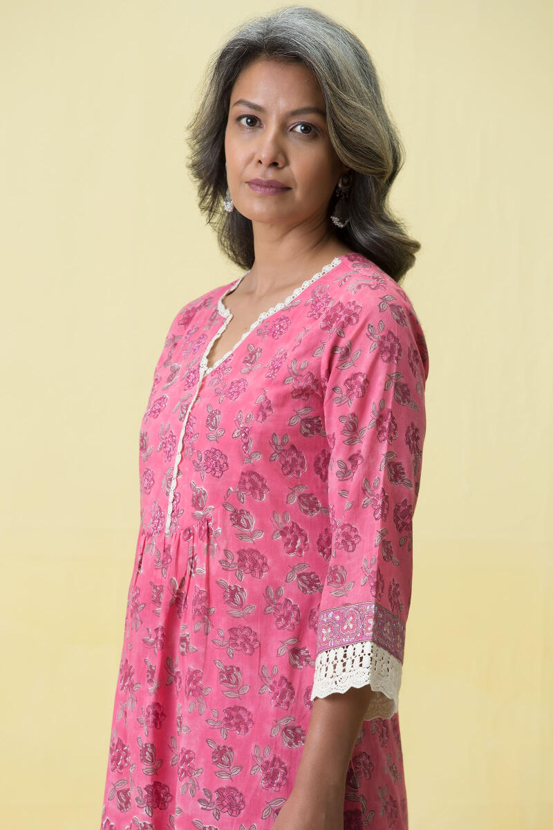 Pink Block Printed A-Line Cotton Kurta