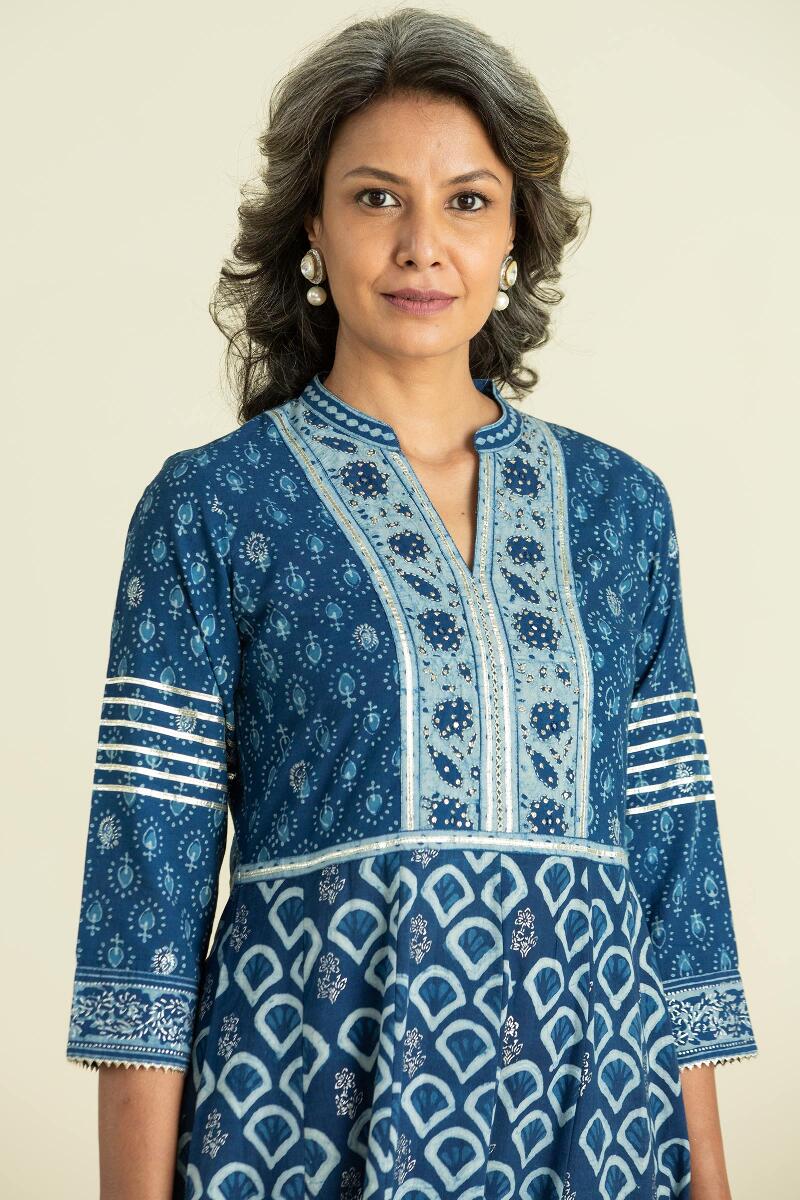 Indigo Block Printed A-Line Cotton Kurta