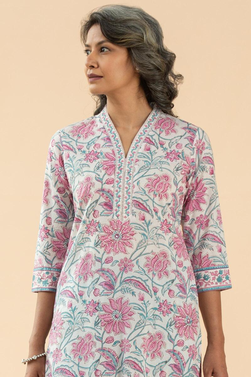 Pink Block Printed Straight Cotton Kurta