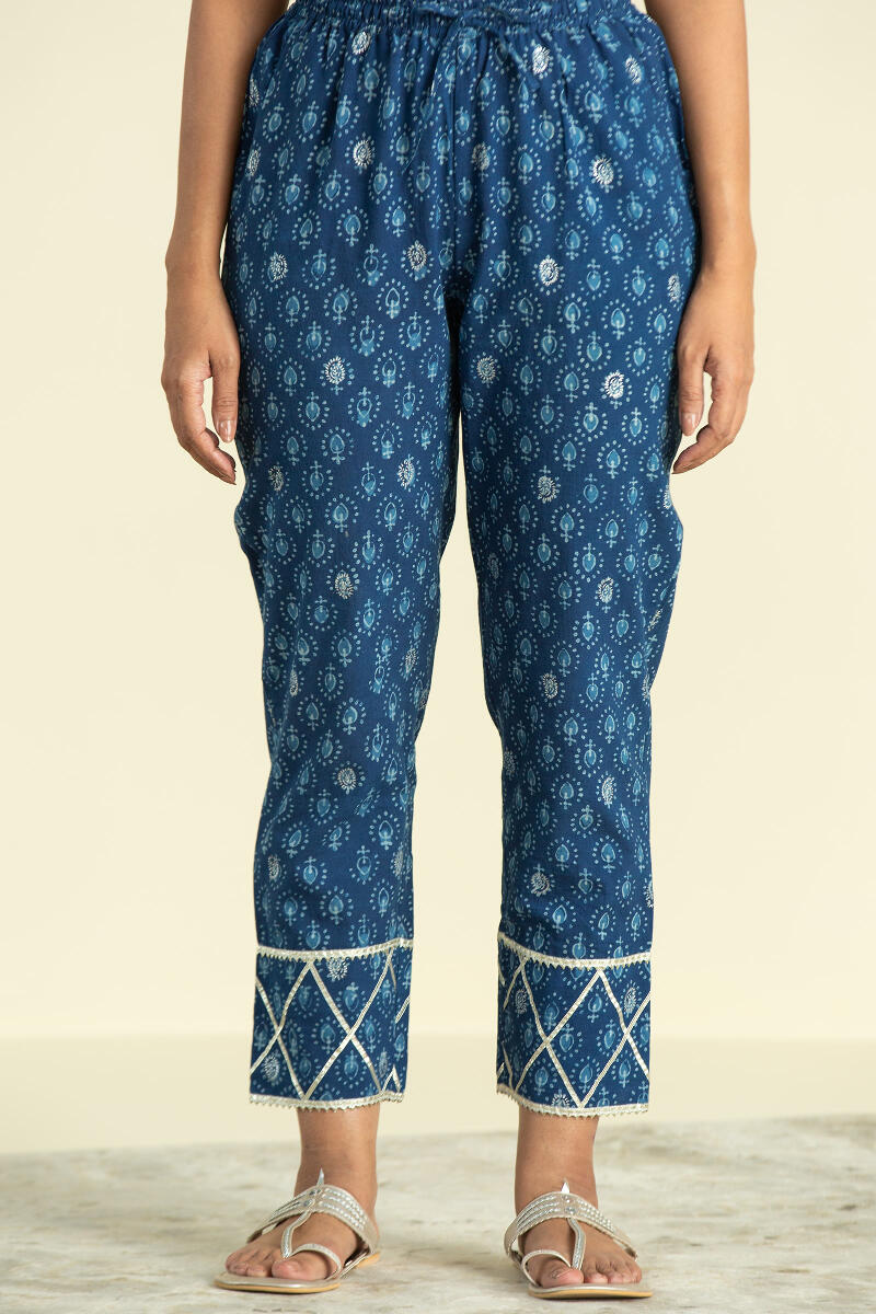 Indigo Block Printed Cotton Narrow Pants