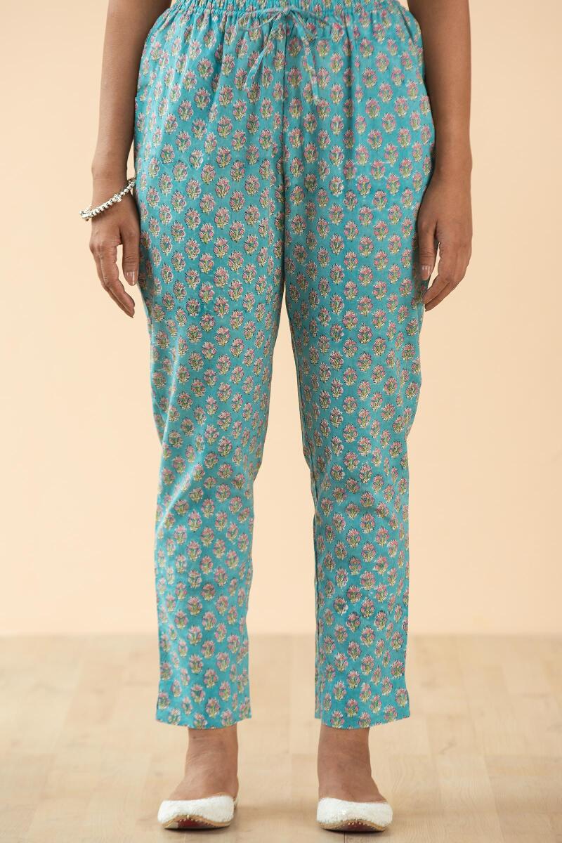 Turquoise Block Printed Cotton Pants