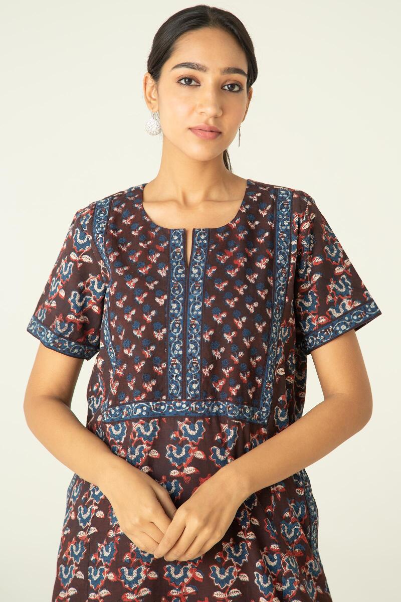 Maroon Block Printed Cotton Kaftan