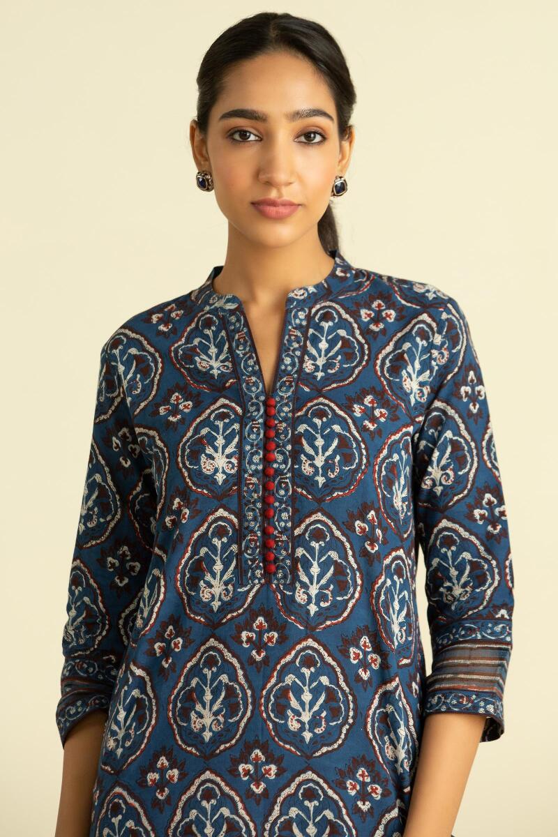 Indigo Block Printed Straight Cotton Kurta