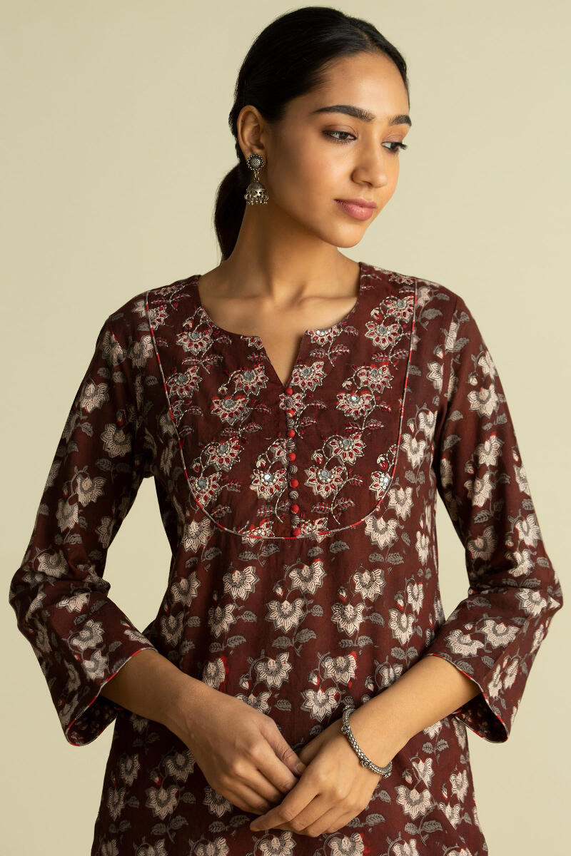 Maroon Block Printed Straight Cotton Kurta