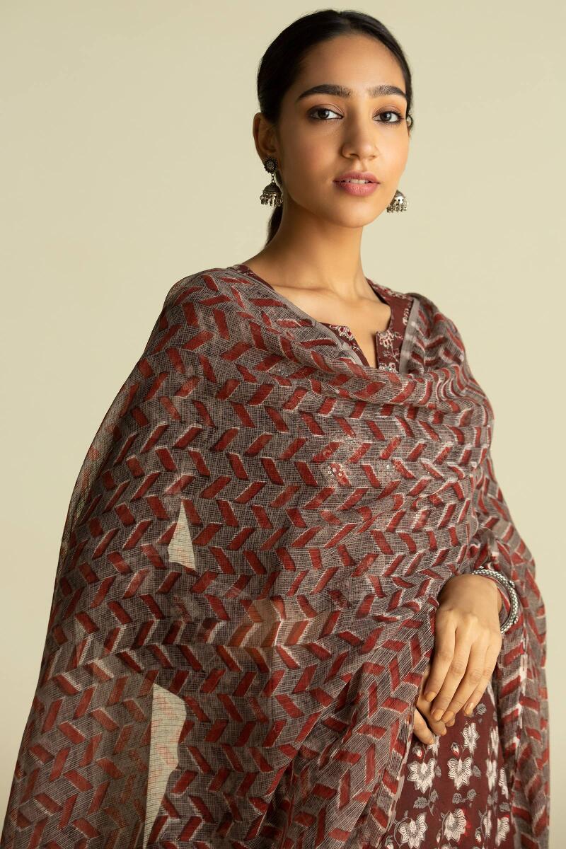 Maroon Block Printed Kota Dupatta