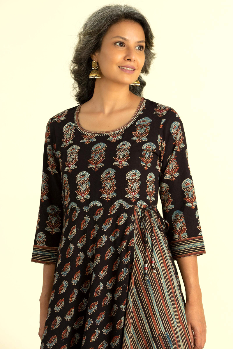 Black Block Printed A-Line Cotton Kurta