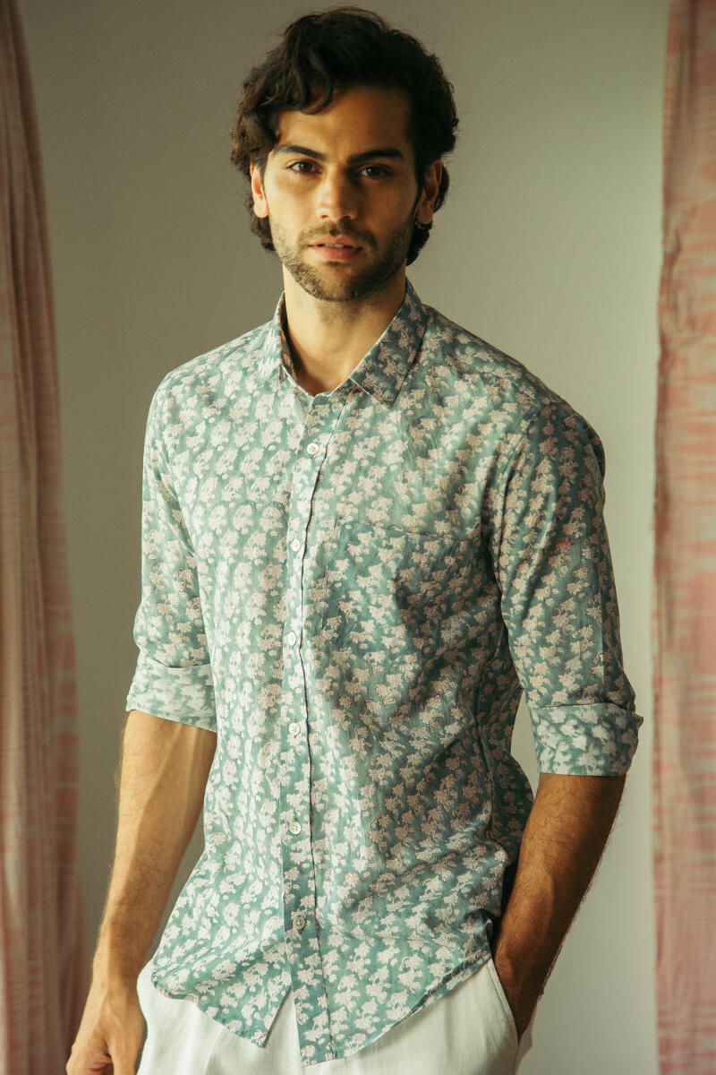 Blue Block Printed Cotton Shirt