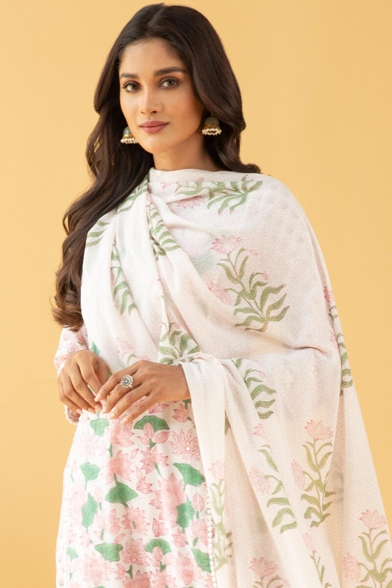 White Block Printed Cotton Dupatta