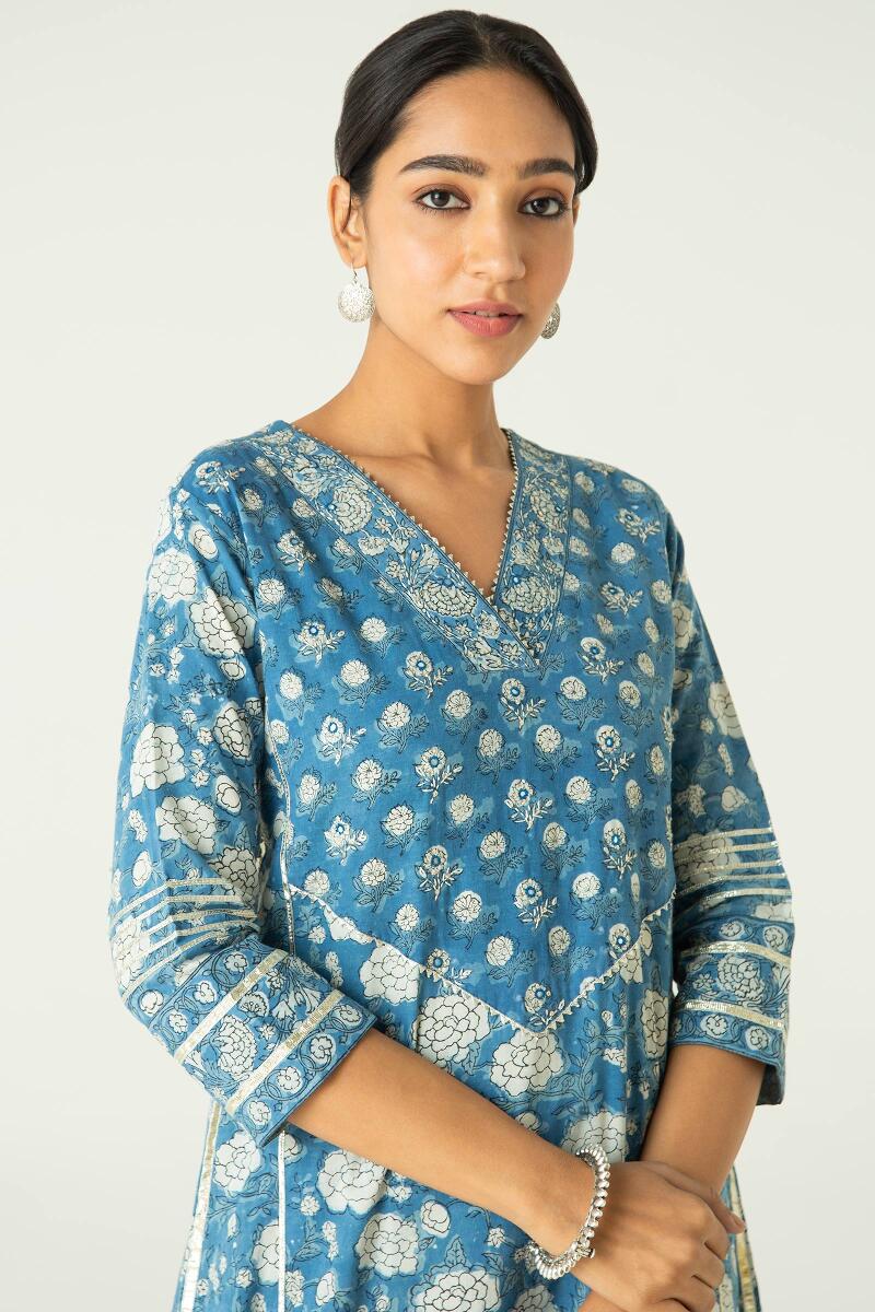 Indigo Block Printed A-Line Cotton Kurta