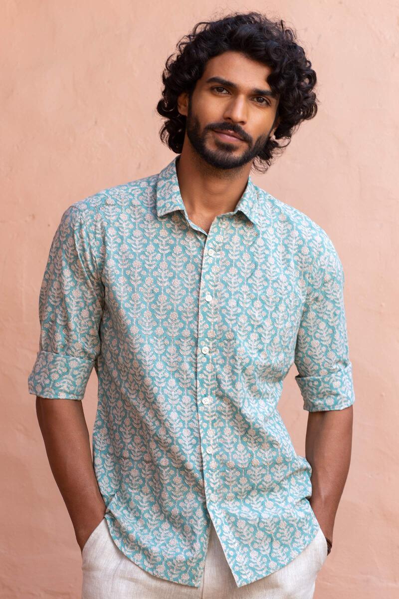 Blue Block Printed Cotton Shirt