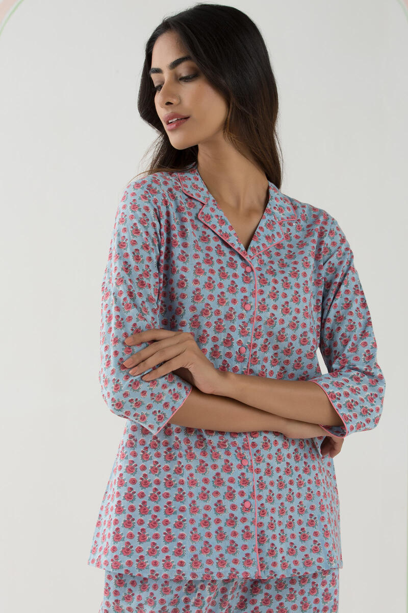 Blue Block Printed Cotton Pyjama Set