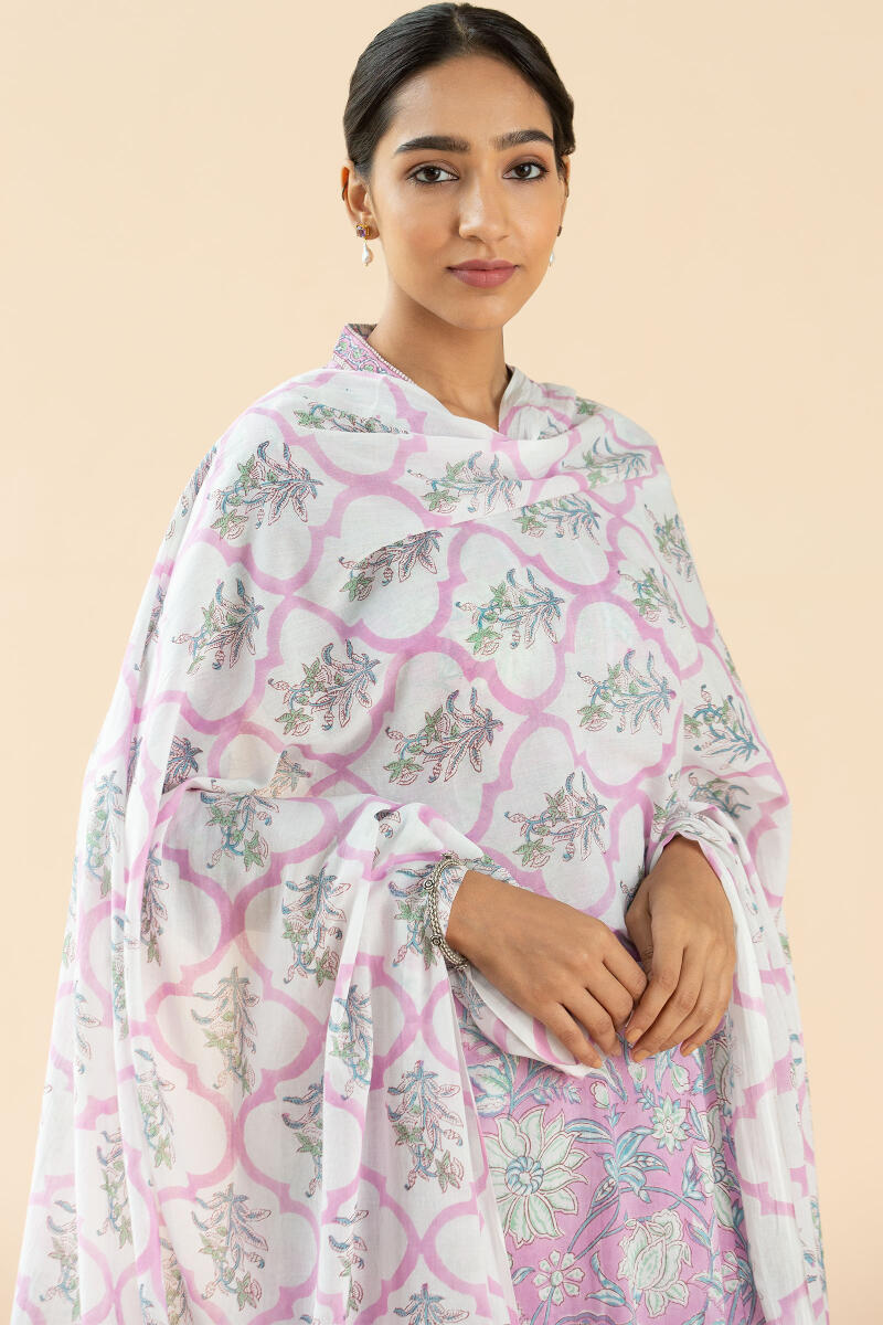 White Block Printed Cotton Dupatta