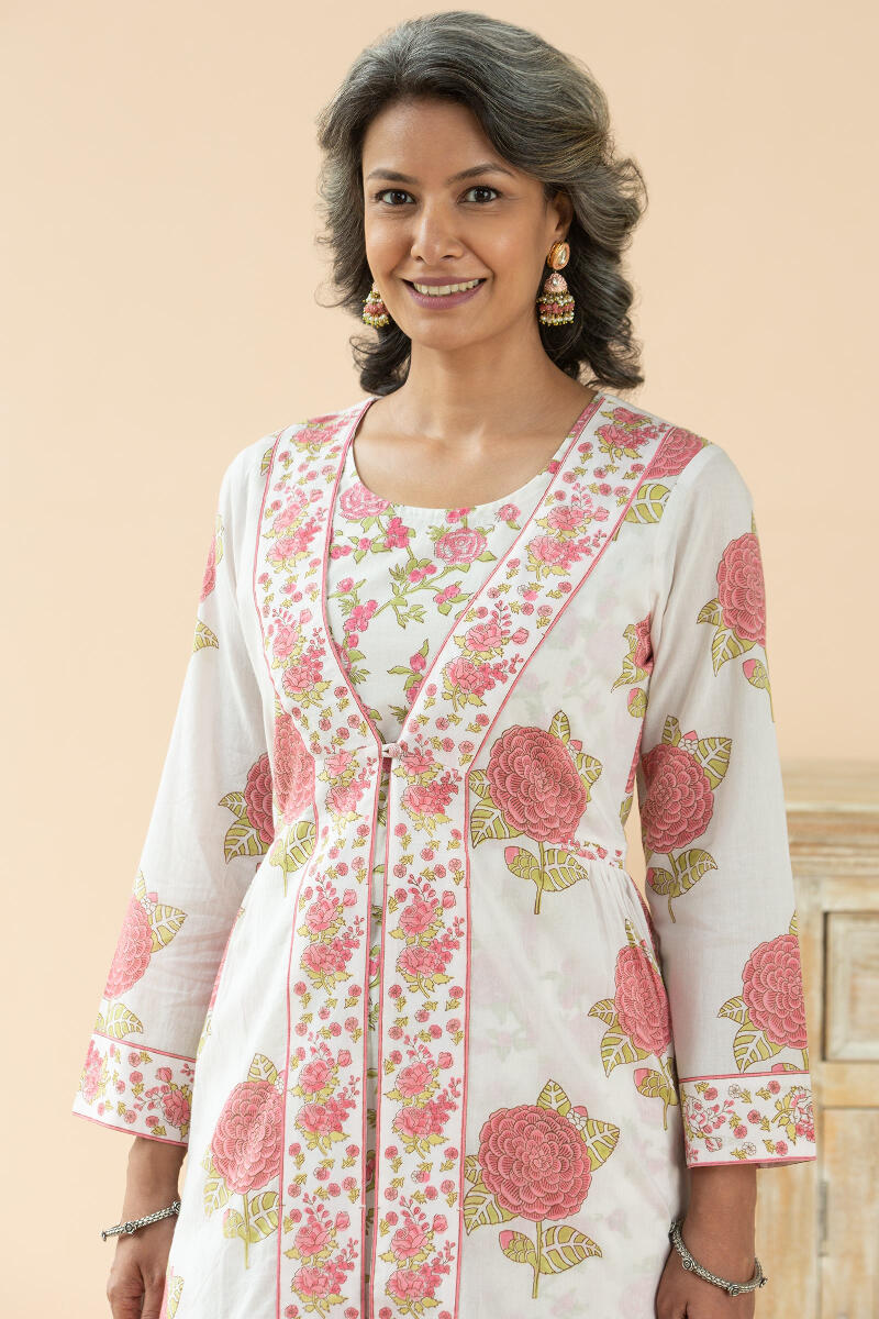 White Block Printed A-Line Cotton Kurta