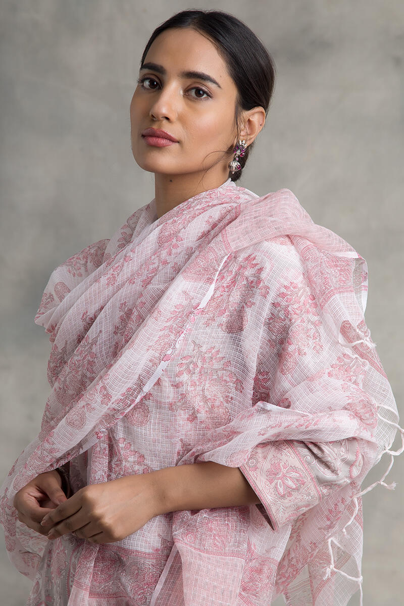 Pink Block Printed Kota Dupatta